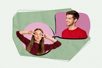3d image sketch art full zine photo collage of happy girl guy stand bubble communication chat...