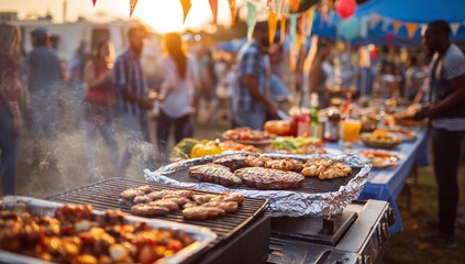 Grilled steaks and chicken sizzle at an outdoor party as people gather during sunset
