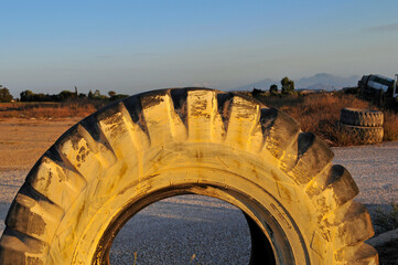 dumped tractor tyre in wasteland 