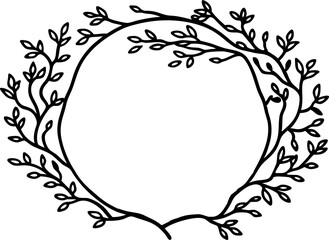Nature inspired round frame with intertwined branches and leaves, elegant botanical border for design decoration