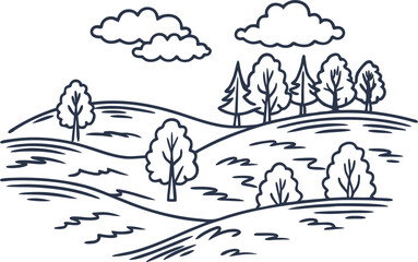 Fototapeta premium Rolling countryside hills with trees and clouds, simple line art landscape illustration for rural nature themes