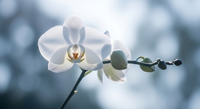 Delicate pale pink orchid bloom with water droplets in soft natural light with blurred background bokeh - Powered by Adobe