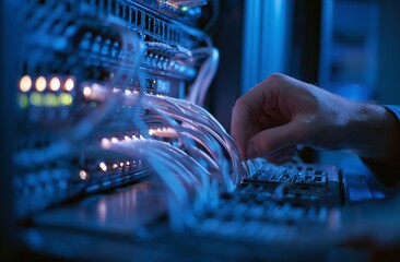 Hand plugs white cable into server in data center with blue tones