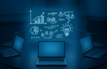 Futuristic Ring of Laptops Projecting Holographic Whiteboard with Charts and Diagrams in Blue Digital Workspace
