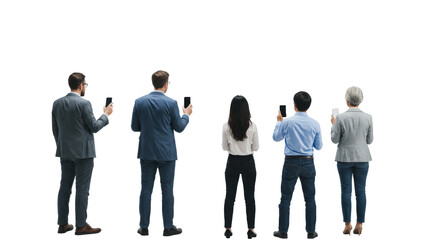 Six diverse individuals, young to seniors, business-casual, from behind, holding smartphones, on white studio background, focused. Concept of modern technology adoption