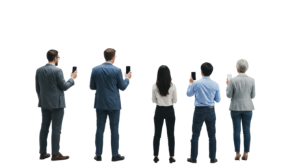 Six diverse individuals, young to seniors, business-casual, from behind, holding smartphones, on white studio background, focused. Concept of modern technology adoption