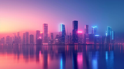 Obraz premium A futuristic city skyline glowing with neon lights under a soft gradient sky, minimal and elegant.