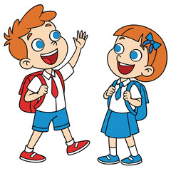 Boy: Red hair, white shirt, red tie, blue shorts, red-and-white sneakers, red backpack, waving with right hand.