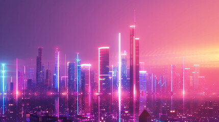 Fototapeta premium A futuristic city skyline glowing with neon lights under a soft gradient sky, minimal and elegant.
