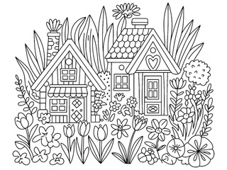 Fototapeta premium Cute Cottage Houses with Garden Flowers Line Art for Coloring Pages
