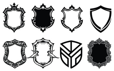 Collection of heraldic shield designs, black and white vector set, logo and emblem templates, security and protection symbols, vintage badge elements