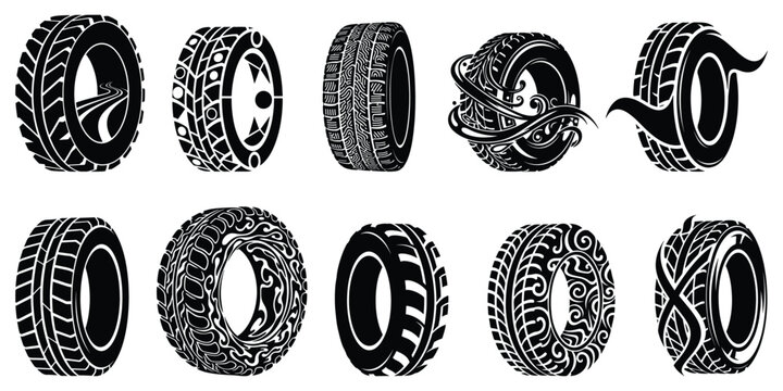 Collection of ten unique tire tread designs, black and white vector illustration, automotive pattern set, vehicle track symbols, racing and transport elements