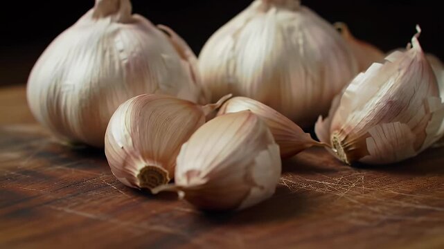 Fresh Organic Garlic Bulbs and Cloves Arranged on a Rustic Wooden Cutting Board, Ready for Culinary Use