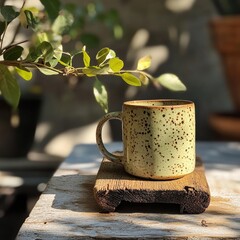 Ceramic mug with dark speckles on a wooden surface with green leaves