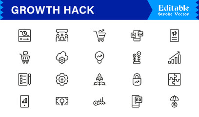 Growth Hack Line Icon Collection with Digital Marketing, Analytics, Funnel, and Strategy Symbols