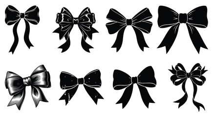Elegant collection of black bow illustrations, decorative ribbon vector set, fashion and celebration design, festive and ornamental elements