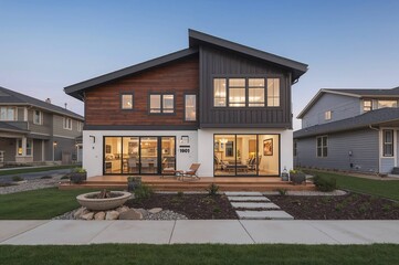Contemporary home with mixed siding and large windows on facade.