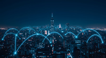 Futuristic cityscape with digital network connections at night