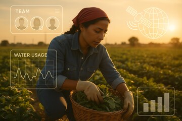 Indigenous Woman Harvesting Crops with Augmented Reality Farming Dashboards at Sunset