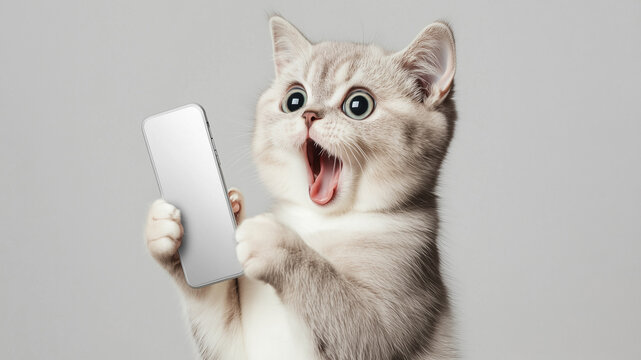 Surprised meme cat holding smartphone with copy space on white background cat-meme_409
