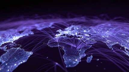 Global Network Connections: Futuristic World Map, Abstract Purple and Blue Digital Technology, Illuminated Nodes, Data Visualization