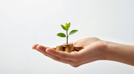 Financial Growth. hand holds a vibrant green seedling sprouting from a pile of gold coins, symbolizing financial growth and investment. The background is a clean, simple white or light gray