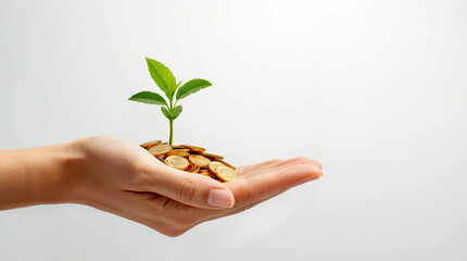 Financial Growth. hand holds a vibrant green seedling sprouting from a pile of gold coins, symbolizing financial growth and investment. The background is a clean, simple white or light gray