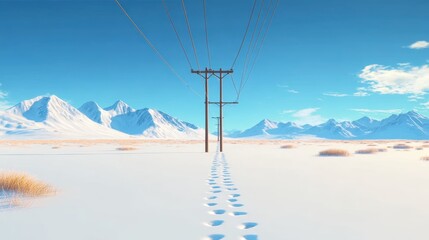 Snowy outdoors with pole and distant mountains