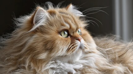 A close-up of a fluffy, golden Persian cat with green eyes gazing intently, showcasing its soft fur and detailed whiskers in natural light.