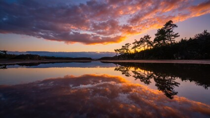 Dramatic sunset sky reflected in calm water with silhouetted trees