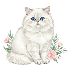 Fluffy white cat with blue eyes sits near pink roses and green leaves kitten transparent background