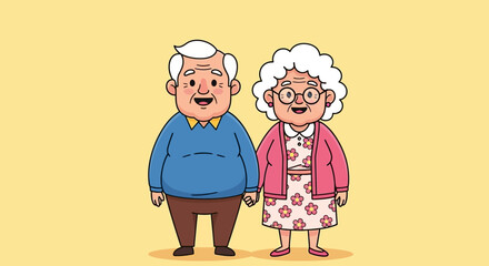 Obraz premium Simple Handdrawn Elderly Couple Character Illustration in Cartoon Style Design