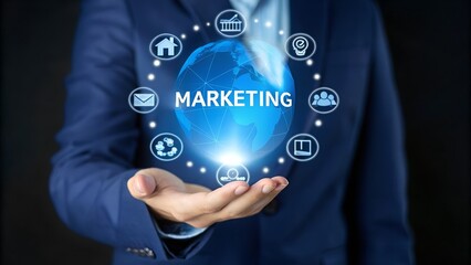 Global marketing strategy concept with digital icons orbiting earth