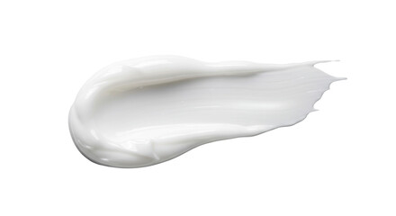A single, artfully shaped smear of thick, glossy white cosmetic cream, pristine and soft, on a transparent studio background with clean negative space. Concept for luxury skincare