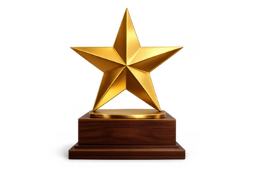 Golden star award trophy on wooden base with transparent background