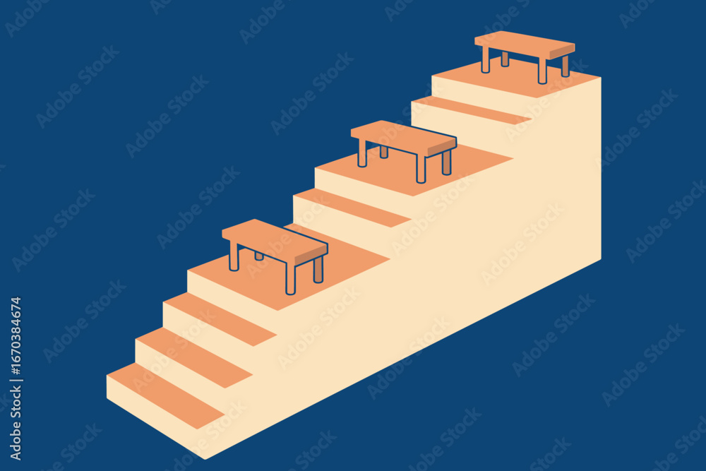 Poster staircase with tables in a vector style illustration