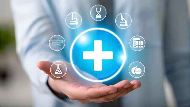 Healthcare technology innovation with glowing medical icons - Powered by Adobe