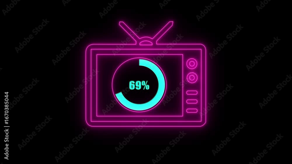 Poster numerical counting from 0 to 69. circular progress bar with bright neon light , countdown animation 