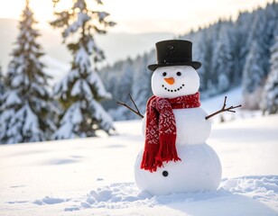 Obraz premium Snowman in snowy mountain landscape