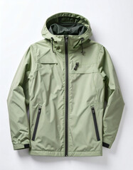 Close-up of a light olive green hooded jacket.