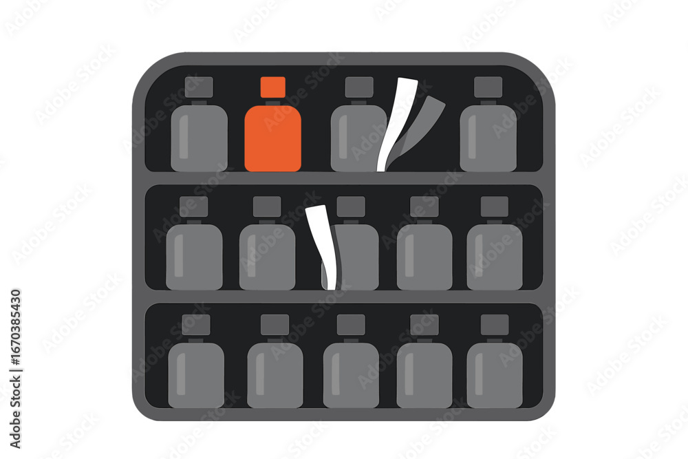 Poster shelf displaying various bottles with a standout orange item