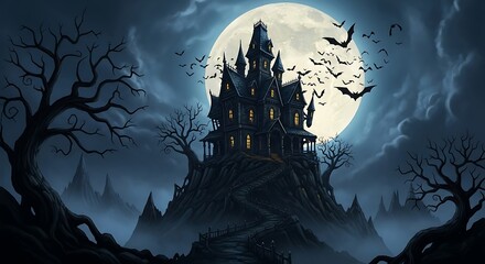 Fototapeta premium Gothic Haunted Mansion on Hill Under Full Moon with Twisted Trees, Glowing Windows, and Flying Bats in Dark Night Scene