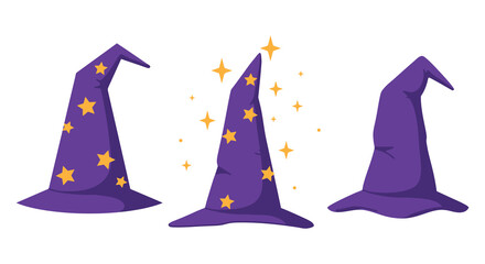 Three purple magic witches hats with gold stars and sparkles on white background