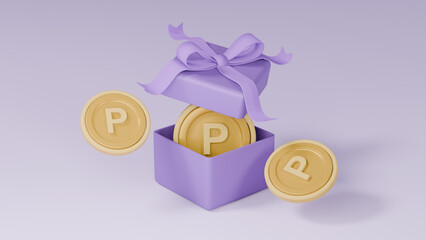 리본 장식이 달린 선물 상자와 골드 동전 포인트 