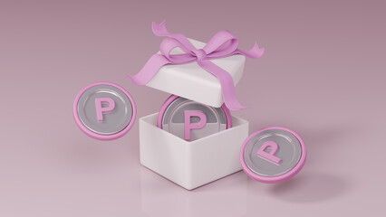 분홍색 리본이 달려있는 흰색 선물 상자와 포인트 지급
