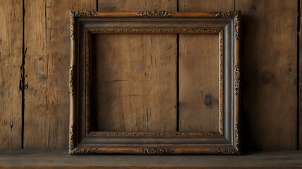 old wood frame, An empty wooden picture frame on a rustic wall, evoking warmth and simplicity in a cozy interior