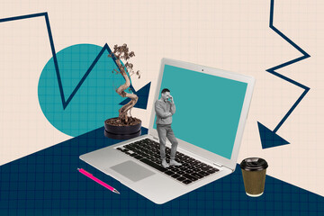 Successful freelancer celebrating financial growth working remotely computer desk laptop in...
