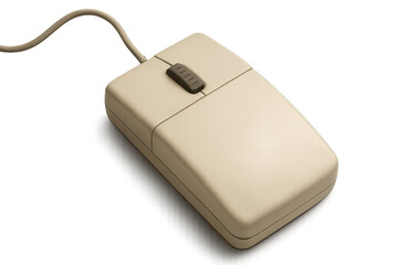 Vintage beige computer mouse with cable on transparent background