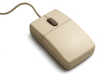 Vintage beige computer mouse with cable on transparent background