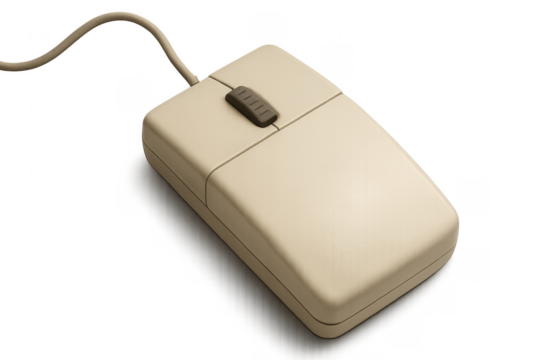 Vintage beige computer mouse with cable on transparent background